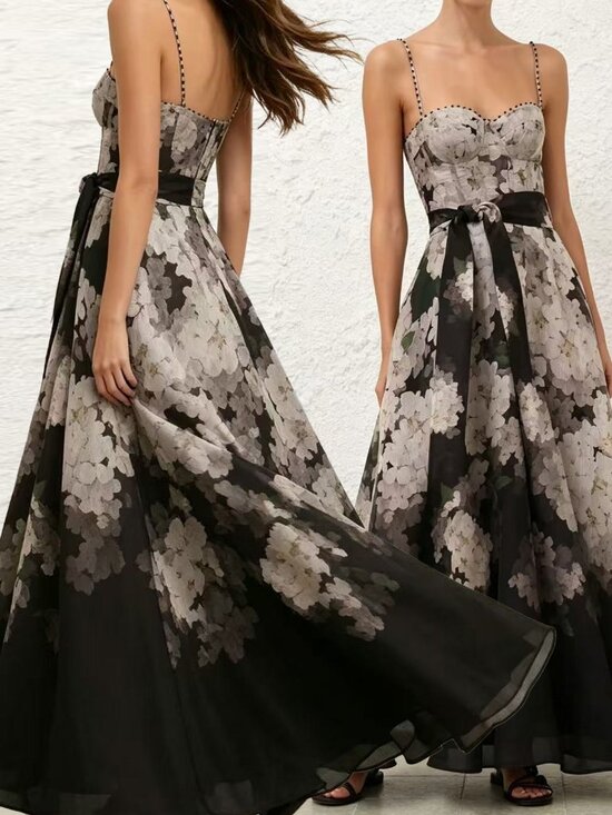Zimmerman Dresses & Skirts - Black Floral Sweetheart Corset Maxi Evening Dress with Sash